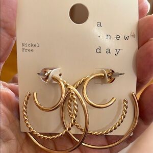 A New Day Goldtone triple hoop Earrings Minimalist Design nickel free